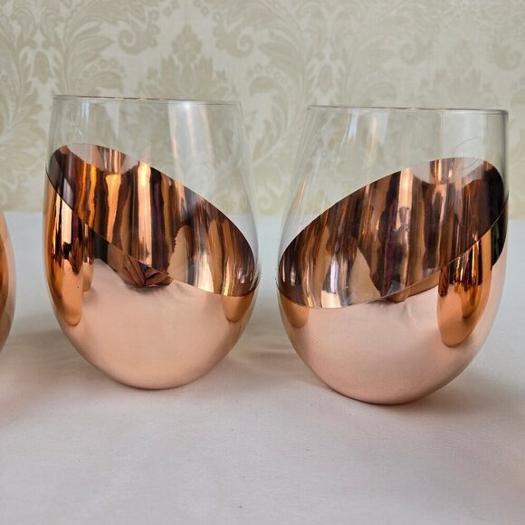 Set of 5 Copper Accent Stemless Wineglasses Contemporary Style Dining Gift - Picture 3 of 10